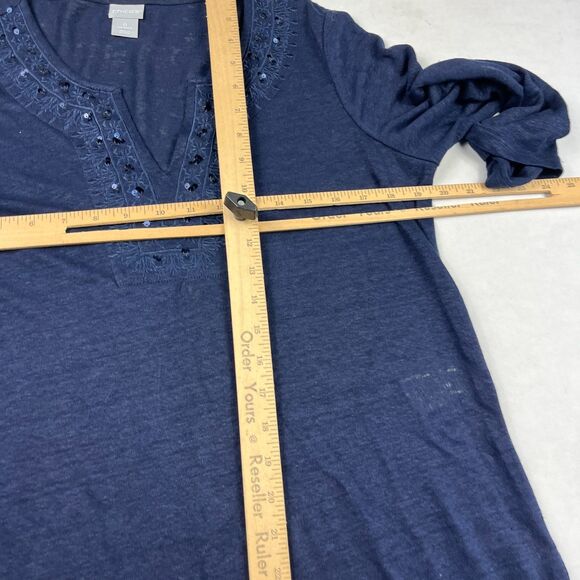 Chicos Linen Knit Tunic Top Navy Blue 3/4 Sleeve Embroidered Sequin Boho 0 SMALL - Picture 8 of 11